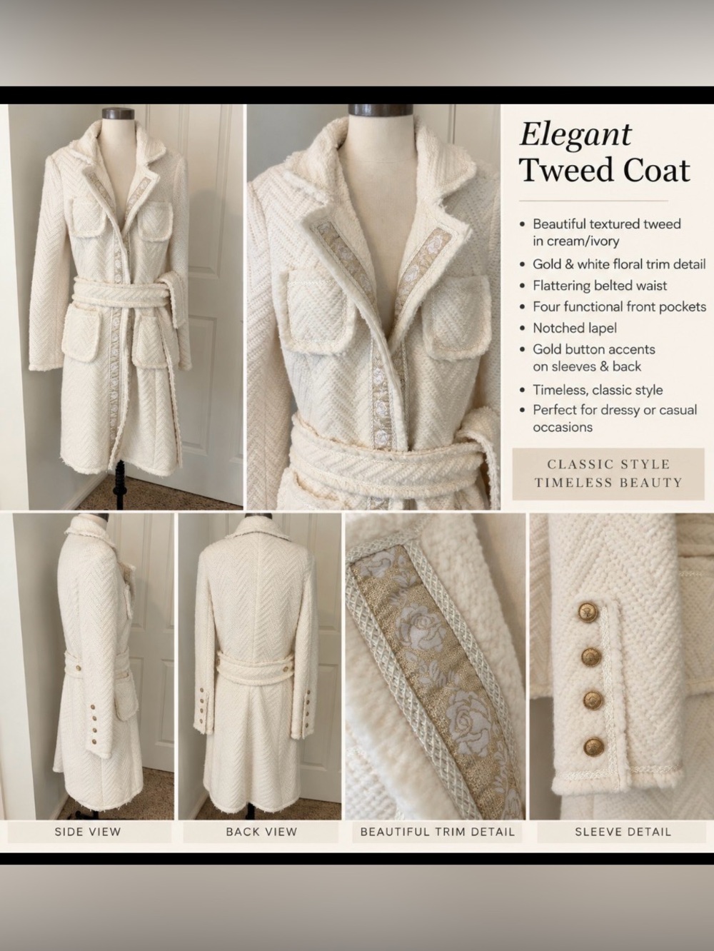 Cache Cream/Ivory Tweed Belted Trench Coat with Gold Trim